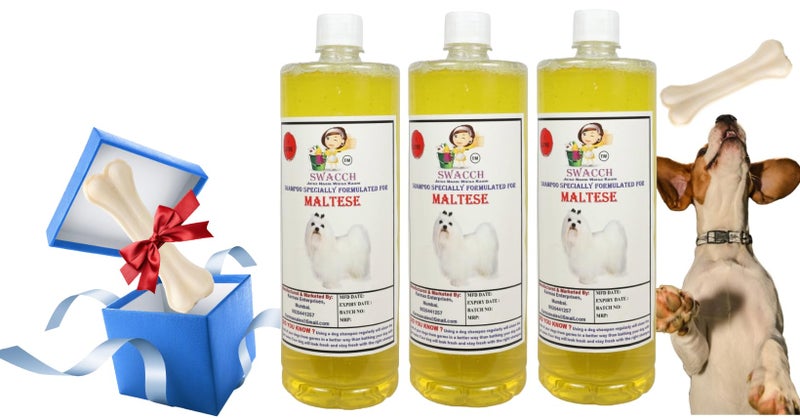 swacch Shampoo | Puppy Safe Shampoo | Maltese Dog Shampoo (1 Litre) (Pack of 3) Lemon + Large White Bone | Dog Chew Bones | Teething chew Toy | Dental Teething |Combo Pack - Image 1