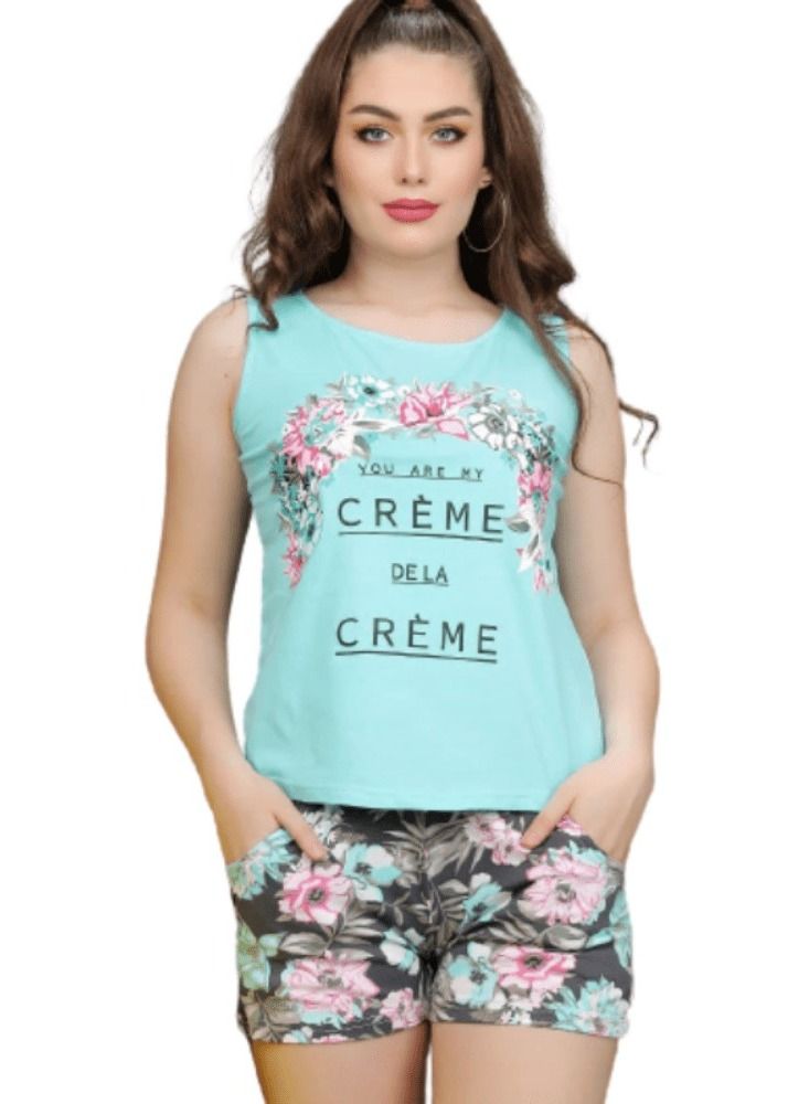 Cotton hot shorts set with prints and a suspender for women