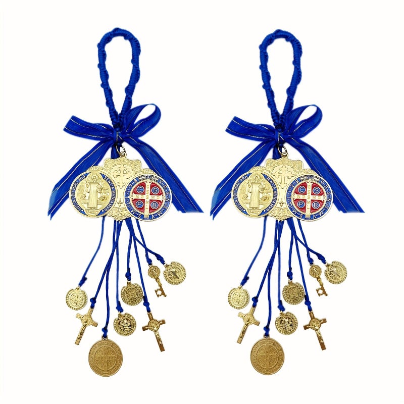 Set Of 2 Blue Saint Benedict Medal Protection Blessing Charm Catholic Handmade Car Hanging Gift For Men Women - Image 1