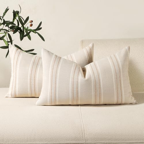 Hckot Throw Pillow Covers 12x20 Set of 2 Striped Pillow Covers Textured Linen Decorative Pillows Lumbar Cushion Covers for Sofa Couch Bed Living Room Farmhouse Decor, Khaki - Image 1