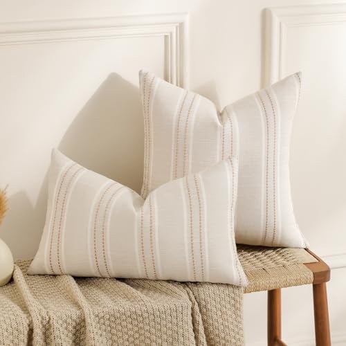 Hckot Throw Pillow Covers 12x20 Set of 2 Striped Pillow Covers Textured Linen Decorative Pillows Lumbar Cushion Covers for Sofa Couch Bed Living Room Farmhouse Decor, Khaki - Image 3