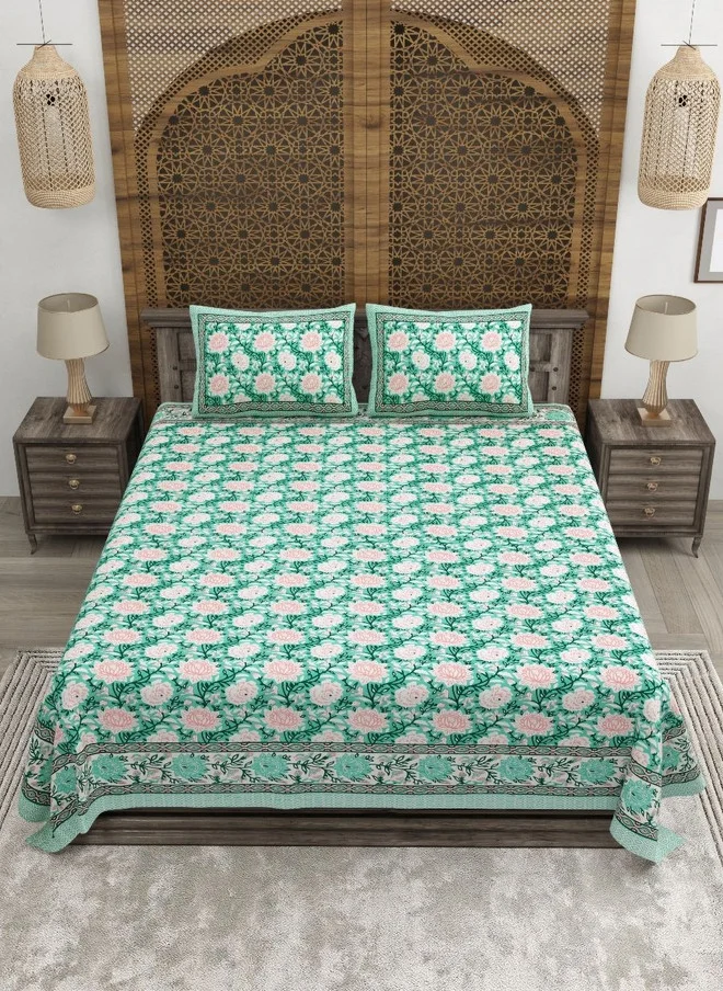 CLOTHOLOGY CLOTHOLOGY Green Floral Pure Cotton 180 TC King Fine Bedsheet with 2 Pillow Covers - 108 x 89 inches
