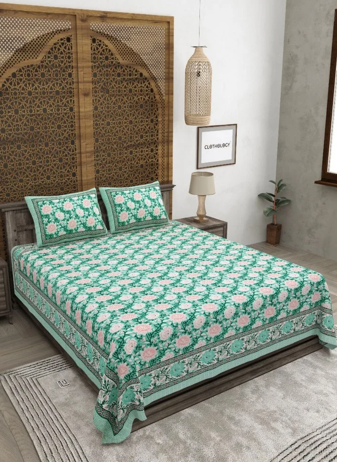 CLOTHOLOGY CLOTHOLOGY Green Floral Pure Cotton 180 TC King Fine Bedsheet with 2 Pillow Covers - 108 x 89 inches