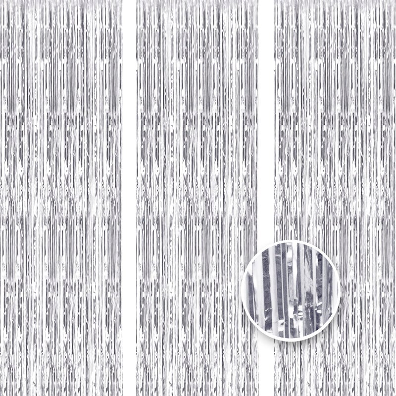 OWill 3pcs 3ft X 83ft Silver Tinsel Glitter CurtainFoil Fringe Curtain Aluminum Foil Flow Silk Curtain Background Streamer Birthday Party Wedding Holiday Backdrop Decoration