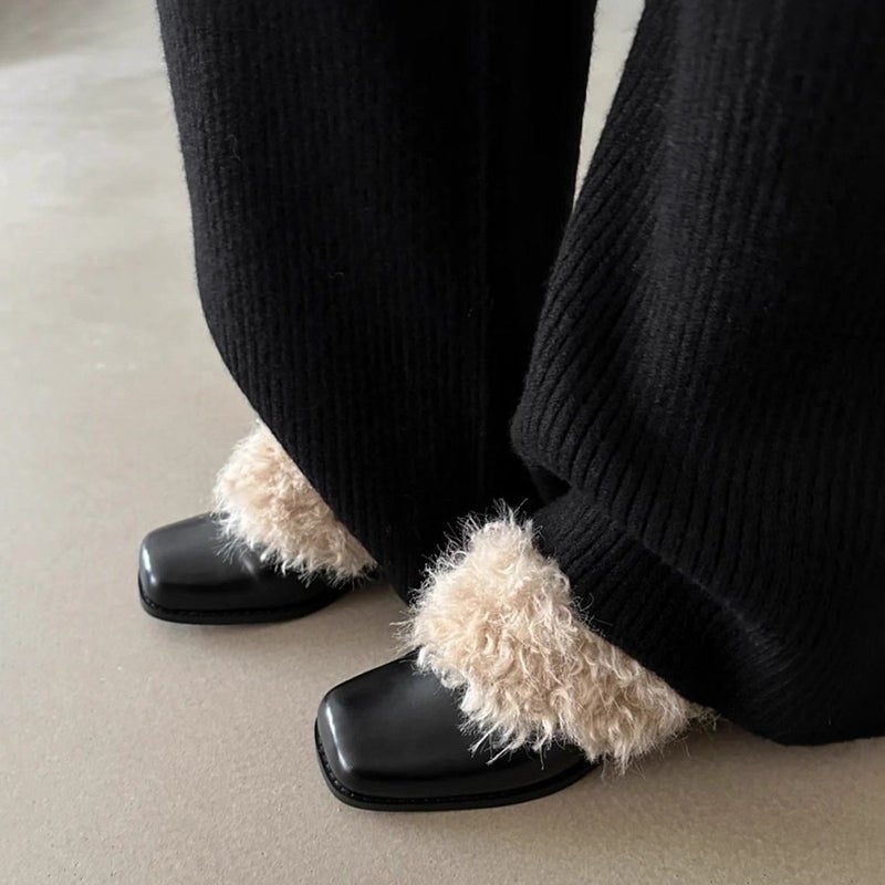 Retro High Heel Furry Women's Shoes Square Toe Block Heel Slip-on Mary Jane - Image 4