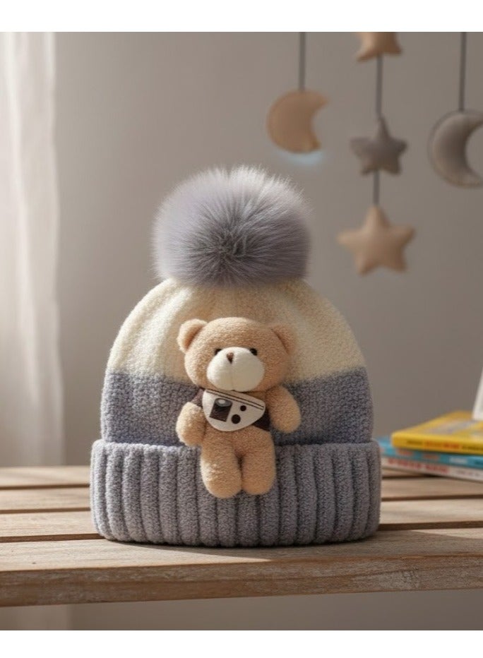 zoba Cute teddy bear winter ice cap for kids with soft fur pom-pom - High quality warm hat - Comfortable on the head and hypoallergenic - Suitable for boys and girls - Perfect for winter and cold weather - Multi-color (color selection is random) - Image 2