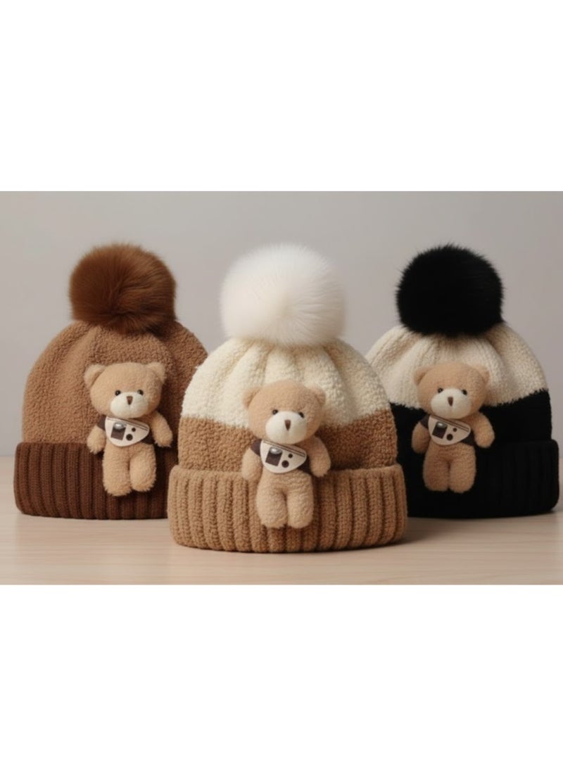 zoba Cute teddy bear winter ice cap for kids with soft fur pom-pom - High quality warm hat - Comfortable on the head and hypoallergenic - Suitable for boys and girls - Perfect for winter and cold weather - Multi-color (color selection is random) - Image 1