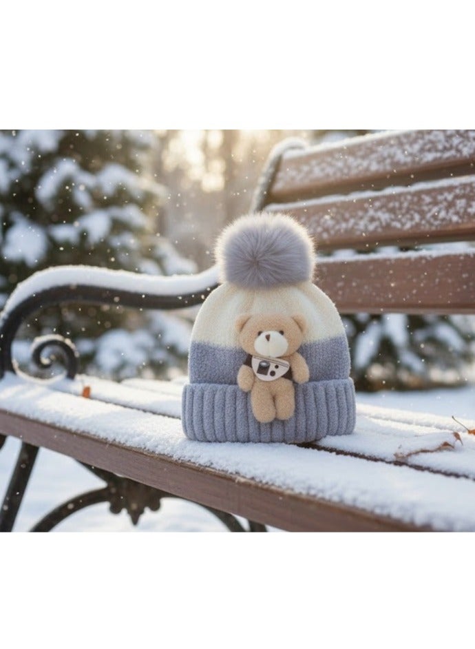 zoba Cute teddy bear winter ice cap for kids with soft fur pom-pom - High quality warm hat - Comfortable on the head and hypoallergenic - Suitable for boys and girls - Perfect for winter and cold weather - Multi-color (color selection is random) - Image 4