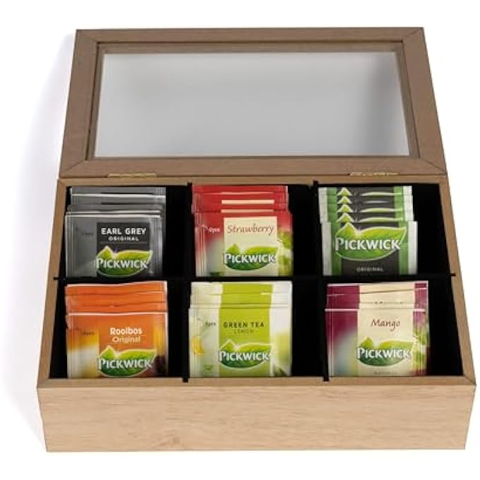 هيت صندوق تخزين شاي وقهوة مكون من 6 أقسام مع مخمل مقاس 24 × 16 سم مصنوع من الخشب - Image 3