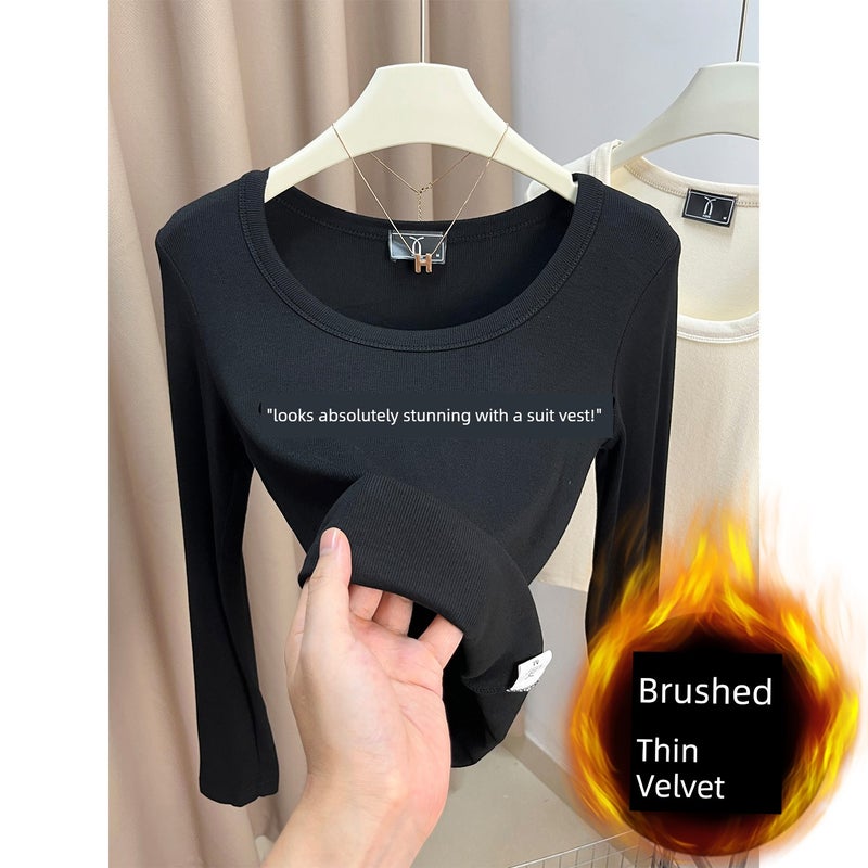 Flower gray long-sleeved large U-neck base shirt, girls' low-neck top, basic versatile solid color thread simple inner wear t-shirt - Image 1