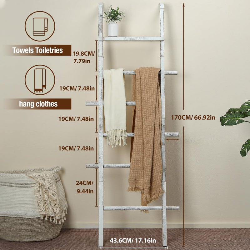 Taozun 67-Inch Farmhouse Blanket Ladder with Shelf and Hooks, 5-Tier Wooden Wall Leaning Towel Quilt Rack Holder for Living Room Decor - Image 3