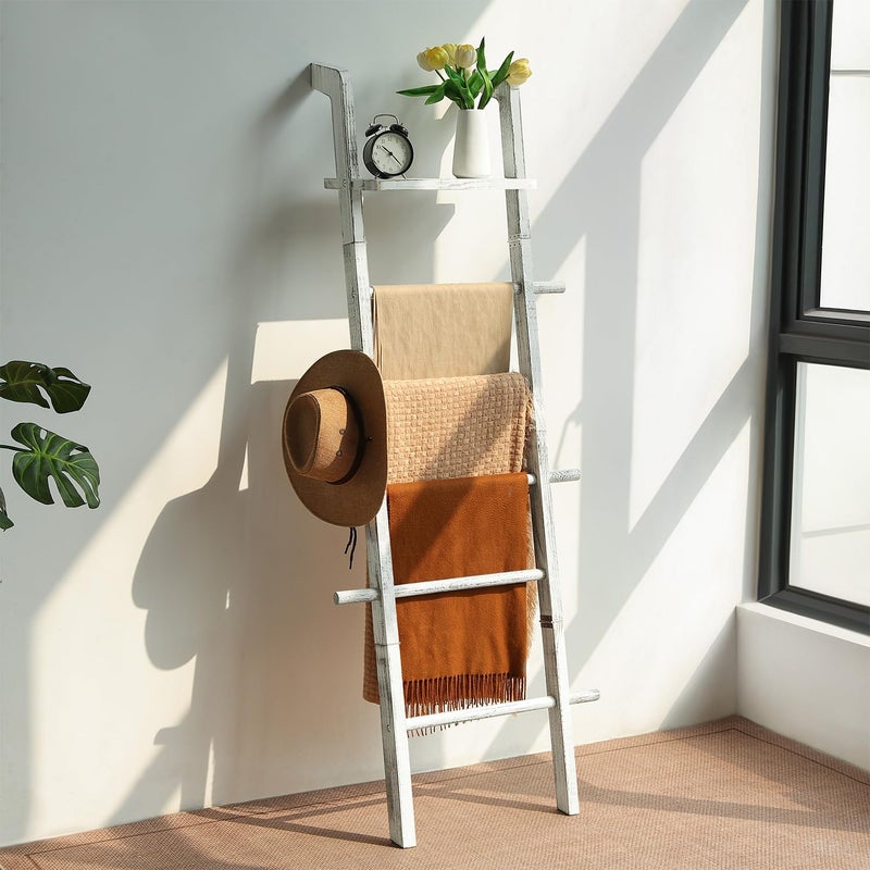 Taozun 67-Inch Farmhouse Blanket Ladder with Shelf and Hooks, 5-Tier Wooden Wall Leaning Towel Quilt Rack Holder for Living Room Decor - Image 1