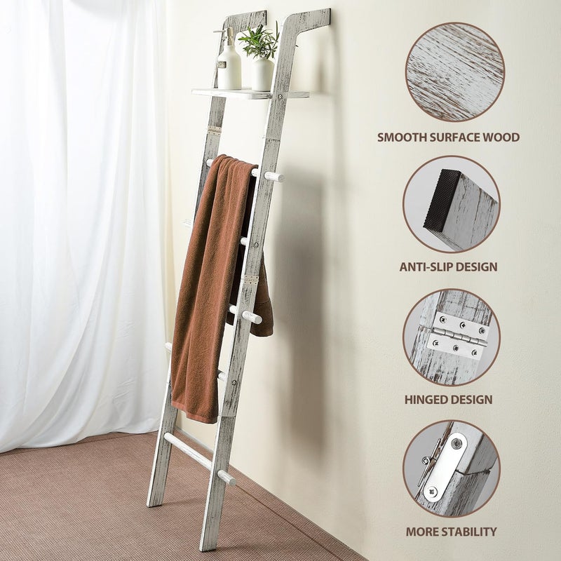 Taozun 67-Inch Farmhouse Blanket Ladder with Shelf and Hooks, 5-Tier Wooden Wall Leaning Towel Quilt Rack Holder for Living Room Decor - Image 2