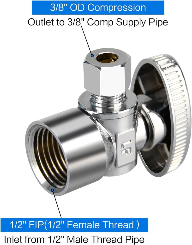 PXZBLG Stop Valves 2 Pack 12 38 Angle Stop Valve 12 FIP Angle Input 38 OD Compression Output 14 Turn Chrome Plated Brass for Kitchen Faucet Toilet Valves - Image 2