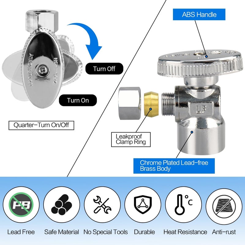 PXZBLG Stop Valves 2 Pack 12 38 Angle Stop Valve 12 FIP Angle Input 38 OD Compression Output 14 Turn Chrome Plated Brass for Kitchen Faucet Toilet Valves - Image 3
