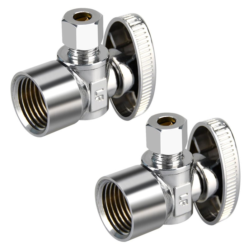 PXZBLG Stop Valves 2 Pack 12 38 Angle Stop Valve 12 FIP Angle Input 38 OD Compression Output 14 Turn Chrome Plated Brass for Kitchen Faucet Toilet Valves - Image 1