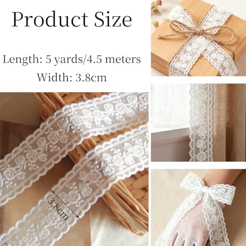 XFSAFDM White Lace Border, Lace Trim Ribbon, 5-Yard, 3.8cm Width Trims Delicate Crown Ribbons for Crafts Sewing and Bridal Wedding Dress Applique Decorations - Image 2