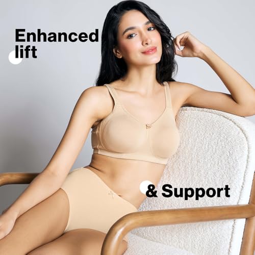 NYKD Everyday Cotton Bra for Women - Encircled with Love | Non-Padded | Wirefree | Full Coverage with Side Support Shaper (NYB169) Sand, 38DD, 1N - Image 2