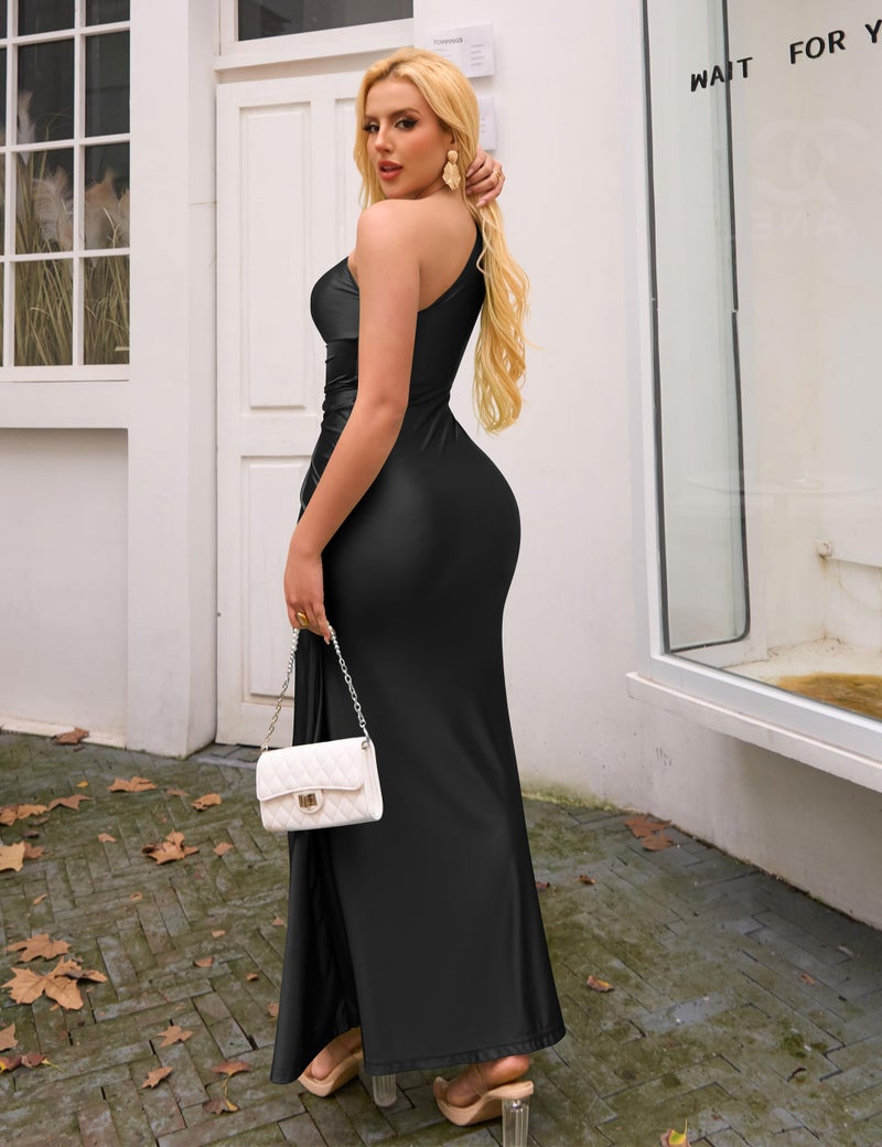 YMDUCH Women's Elegant One Shoulder Sleeveless Twist Waist Bodycon Party Long Dress Black - Image 2