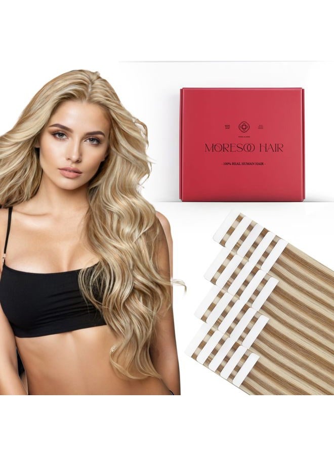 Moresoo Tape in Extensions Human Hair Blonde Real Hair Extensions Glue in Highlighted Blonde Tape in Hair Extensions Glue in Remy Extensions Human Hair 12 Inch #P6/60 20pcs 30g - Image 1
