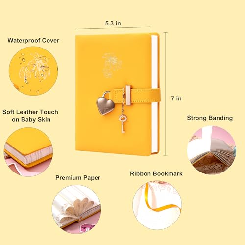 CAGIE Diary with Lock and Key for Girls Heart Shaped Lock Diary for Women PU Leather Kids Journal Secret Notebook with Lock for Travel Cute Diary for Gifts, 5.3 x 7 inches, Yellow - Image 2