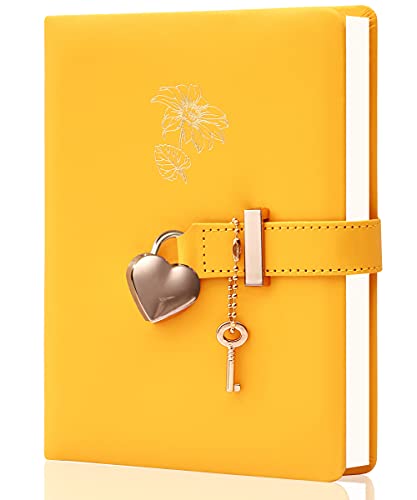 CAGIE Diary with Lock and Key for Girls Heart Shaped Lock Diary for Women PU Leather Kids Journal Secret Notebook with Lock for Travel Cute Diary for Gifts, 5.3 x 7 inches, Yellow - Image 1
