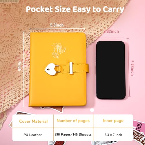 CAGIE Diary with Lock and Key for Girls Heart Shaped Lock Diary for Women PU Leather Kids Journal Secret Notebook with Lock for Travel Cute Diary for Gifts, 5.3 x 7 inches, Yellow - Image 4