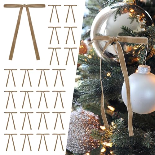 SIMISI RIBBON 24 Pcs Khaki Velvet Christmas Tree Bows Door Garland Decor Vintage Wreath Bow (3/8'' Wide, 5 * 7 inch) - Image 1