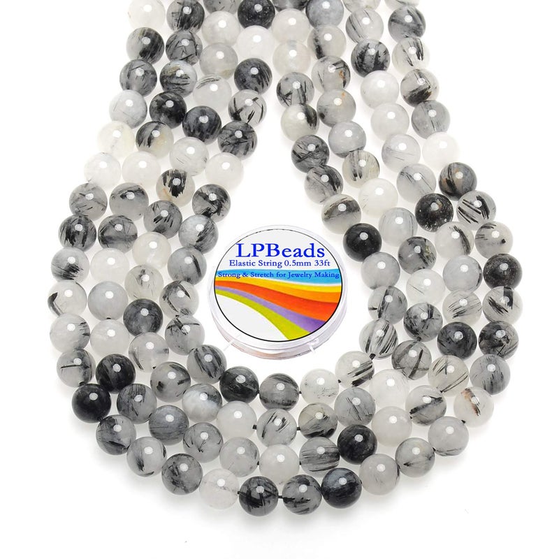 LPBeads 100pcs Polished 8mm Round Natural Black Rutilated Quartz Gemstone Loose Beads with Stretch Cord for Jewelry Making Bracelets