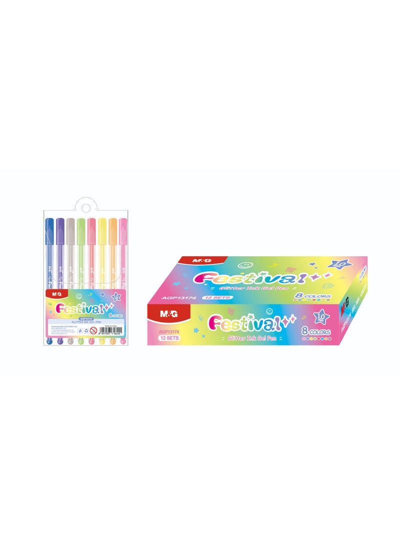 ام اند جي M&G Glitter Gel Pen 8colors 1.0mm Smooth Write with Glittery barrel and cap Blue/Purple/Green/Orange/Yellow/Pink/Red - Image 1