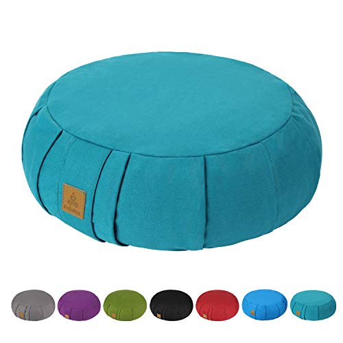 FelizMax Round Zafu Meditation Cushion, D=15" H=5.5" Zabuton Meditation Pillow, Yoga Bolster/Pillow, Floor seat, Zippered Organic Cotton Cover, Natural Buckwheat, Kneeling Pillow - Cyan Blue - Image 1