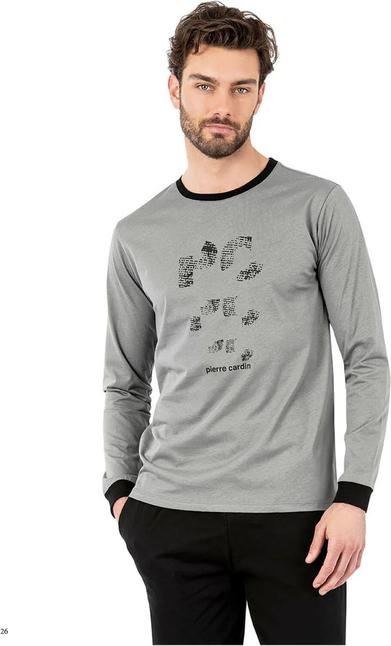 بيير كاردان 6069 Men's Long Sleeve Crew Neck Pajama Set-Gray