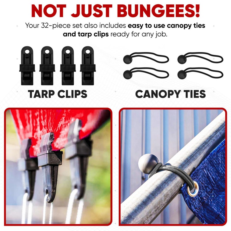 FORTEM Bungee Cord Assortment, 32pk Bungee Cords Multi Pack, Includes 10", 18", 24", 32", 40" Bungees and 8" Canopy/Tarp Ball Ties, Plastic Coated Metal Hooks - Image 5