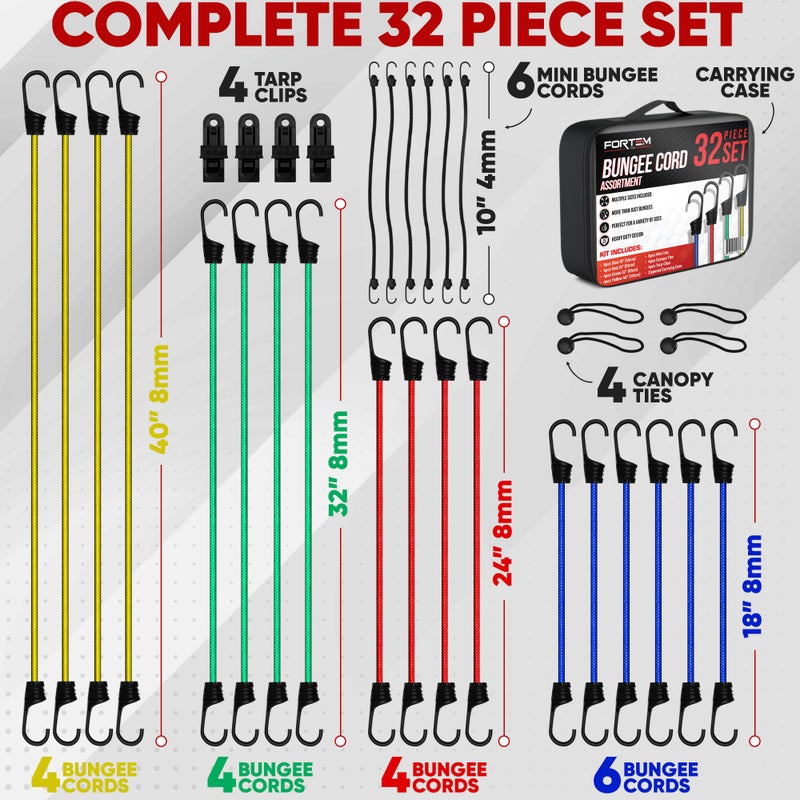 FORTEM Bungee Cord Assortment, 32pk Bungee Cords Multi Pack, Includes 10", 18", 24", 32", 40" Bungees and 8" Canopy/Tarp Ball Ties, Plastic Coated Metal Hooks - Image 2