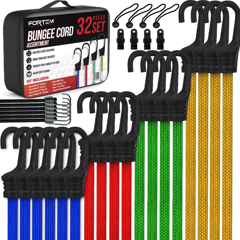 FORTEM Bungee Cord Assortment, 32pk Bungee Cords Multi Pack, Includes 10", 18", 24", 32", 40" Bungees and 8" Canopy/Tarp Ball Ties, Plastic Coated Metal Hooks - Image 1