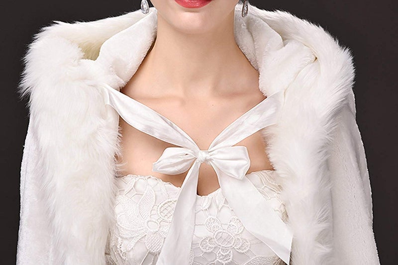 homebed White Women's Wedding Cloak Coat with Hoods Winter Long Jacket Bridal Wraps Warm Faux Fur Cape, XX-Large - Image 2