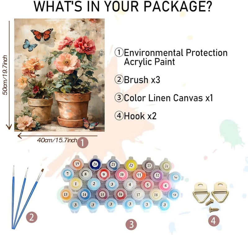 Mbntjht Diy Flowers Paint By Numbers Kit For Adults Unframed Potted Flowers Paint By Number Kits For Beginners Acrylic Watercolor Painting Crafts Kit For Home Decor 16X20 Inch. - Image 2