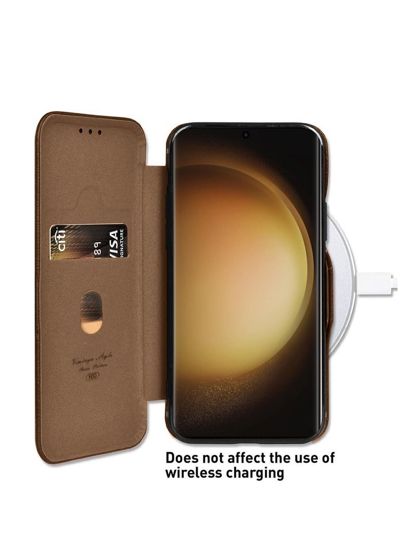 إتش دي سي آي جراب محفظة قلاب من جلد البولي يوريثان لهاتف Samsung Galaxy S23 Ultra 5G 2023 بني - Image 4