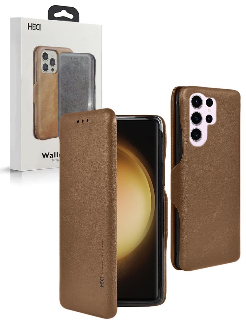 إتش دي سي آي جراب محفظة قلاب من جلد البولي يوريثان لهاتف Samsung Galaxy S23 Ultra 5G 2023 بني - Image 1