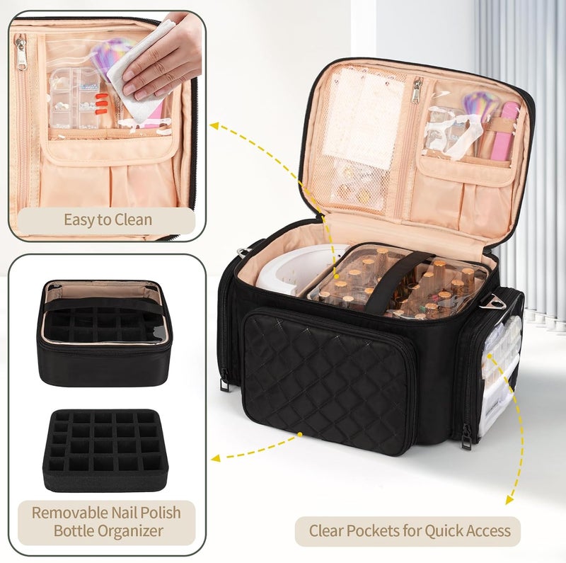 Bagmoly Nail Polish Organizer, Nail Polish Storage Holds 42+ Bottles & Nail Lamp, Portable Travel Nail Kit Storage Carrying Case Fits Nail Suppiles, Gift for Manicurist, Grils - Black - Image 3