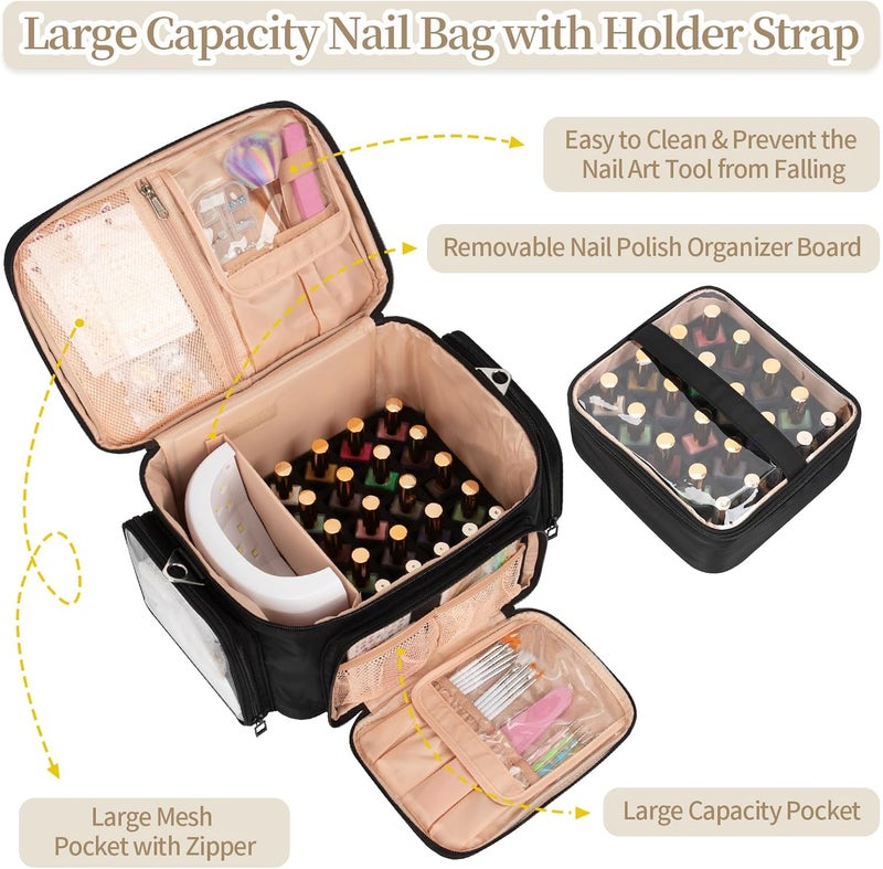 Bagmoly Nail Polish Organizer, Nail Polish Storage Holds 42+ Bottles & Nail Lamp, Portable Travel Nail Kit Storage Carrying Case Fits Nail Suppiles, Gift for Manicurist, Grils - Black - Image 2