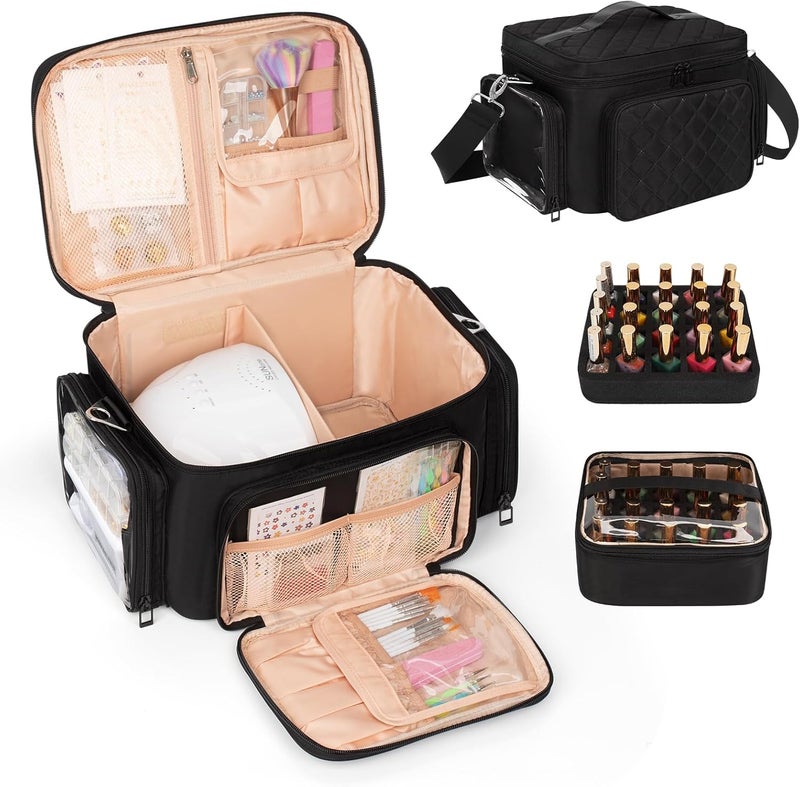 Bagmoly Nail Polish Organizer, Nail Polish Storage Holds 42+ Bottles & Nail Lamp, Portable Travel Nail Kit Storage Carrying Case Fits Nail Suppiles, Gift for Manicurist, Grils - Black - Image 1