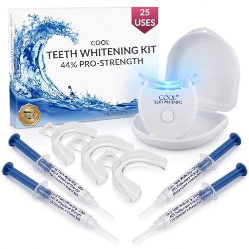 Cool Teeth Whitening مجموعة تبييض الأسنان مع ضوء LED وصواني 44 جل كارباميد بيروكسيد تبييض الأسنان تصل إلى 25 علاج تبييض في المنزل تركيبة نباتية مع حقيبة سفر - Image 1