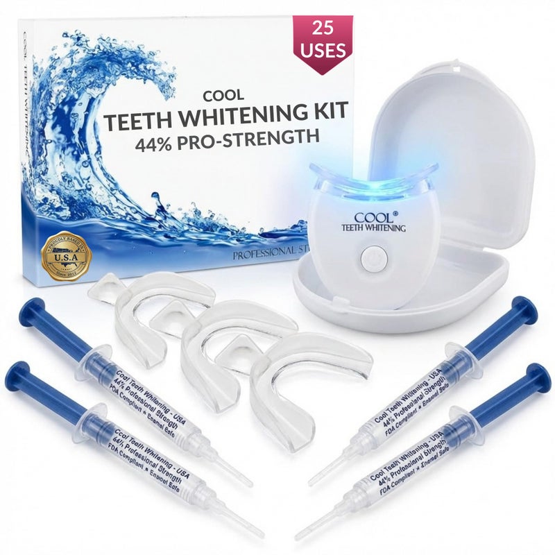 Cool Teeth Whitening مجموعة تبييض الأسنان مع ضوء LED وصواني 44 جل كارباميد بيروكسيد تبييض الأسنان تصل إلى 25 علاج تبييض في المنزل تركيبة نباتية مع حقيبة سفر - Image 2