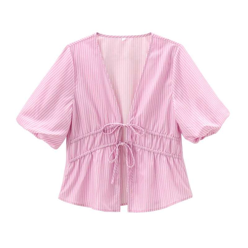 Cross-border new 2024 new European and American style womens foreign trade wholesale ZRA in stock bow striped top stripes