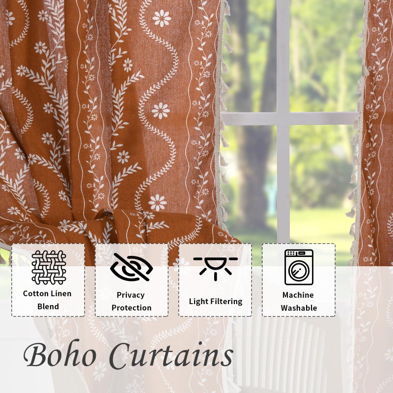 Schweek Rust Orange Boho Curtains 90 Inch Length Linen Curtains for Living Room 2 Panels, Vintage Farmhouse Printed Floral Drapes Rustic Drapes Terracotta - Image 4