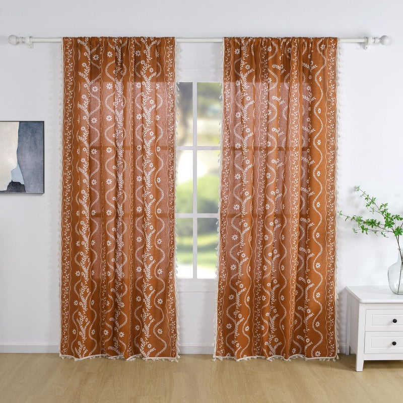 Schweek Rust Orange Boho Curtains 90 Inch Length Linen Curtains for Living Room 2 Panels, Vintage Farmhouse Printed Floral Drapes Rustic Drapes Terracotta - Image 2