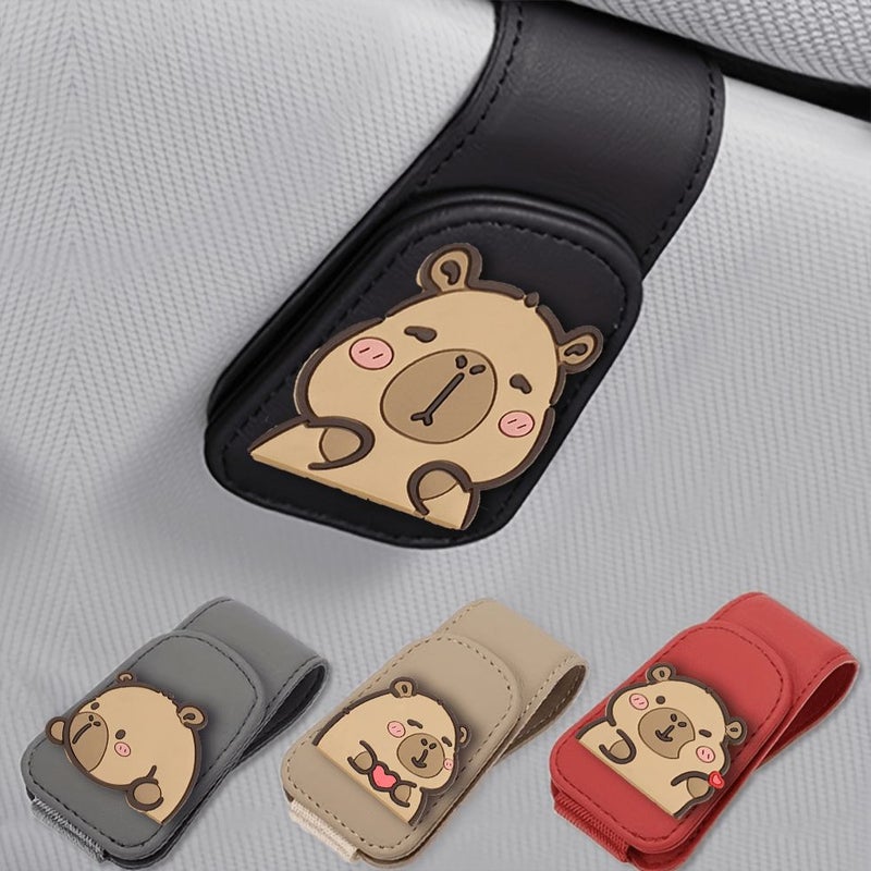 1pc Beige Large Clip Side Faced Capybara Car PU Leather Eyeglass Clip Cute Cartoon Design Car Fashion Glasses Holder Multi Functional Visor Card Clip - Image 1