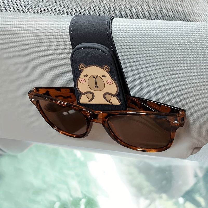 1pc Beige Large Clip Side Faced Capybara Car PU Leather Eyeglass Clip Cute Cartoon Design Car Fashion Glasses Holder Multi Functional Visor Card Clip - Image 3