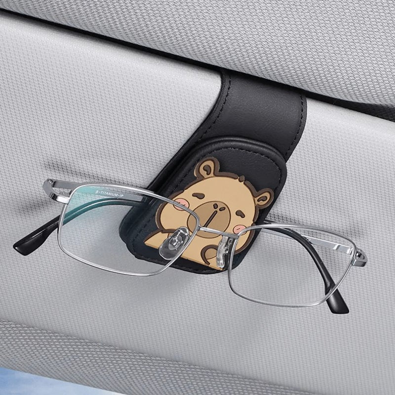 1pc Beige Large Clip Side Faced Capybara Car PU Leather Eyeglass Clip Cute Cartoon Design Car Fashion Glasses Holder Multi Functional Visor Card Clip - Image 4